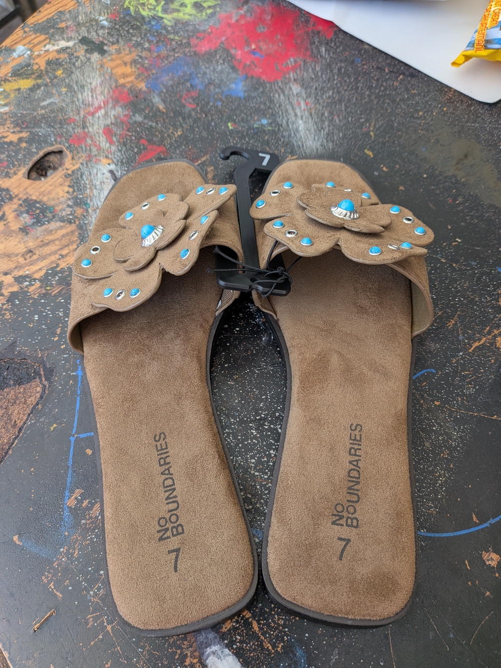 No Boundaries Women's Brown Suede Slide Sandals with Turquoise Accents